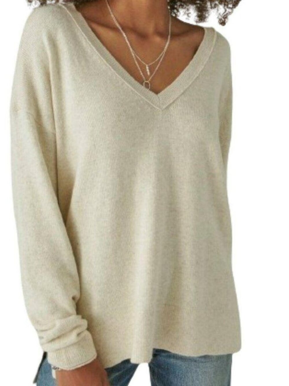 Lucky Brand V Neck Sweater Size S Beige Drop shoulder